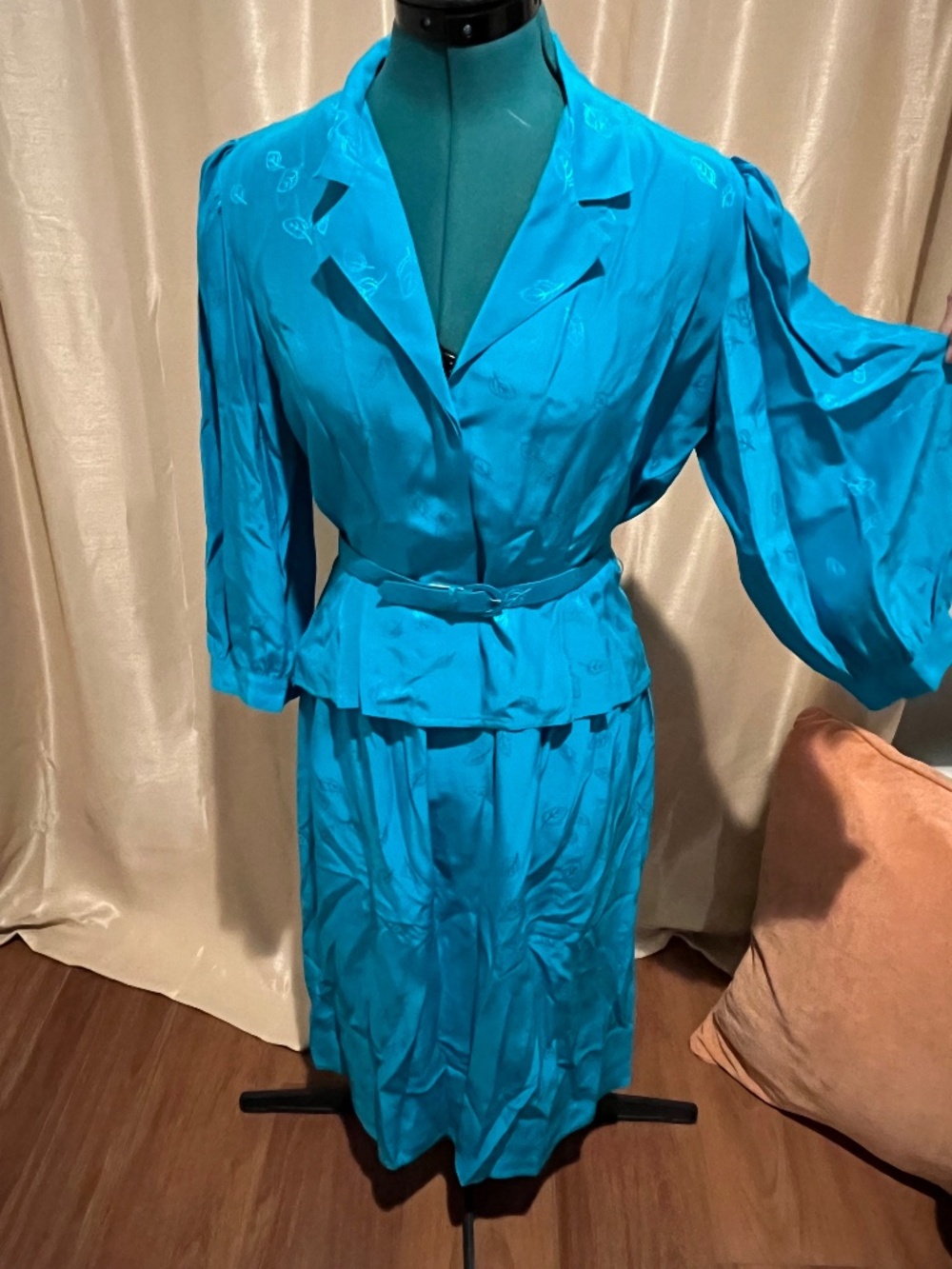 Vintage Maggy London Silk Jacquard 2 Piece Skirt Suit Set Belted Turquoise 8